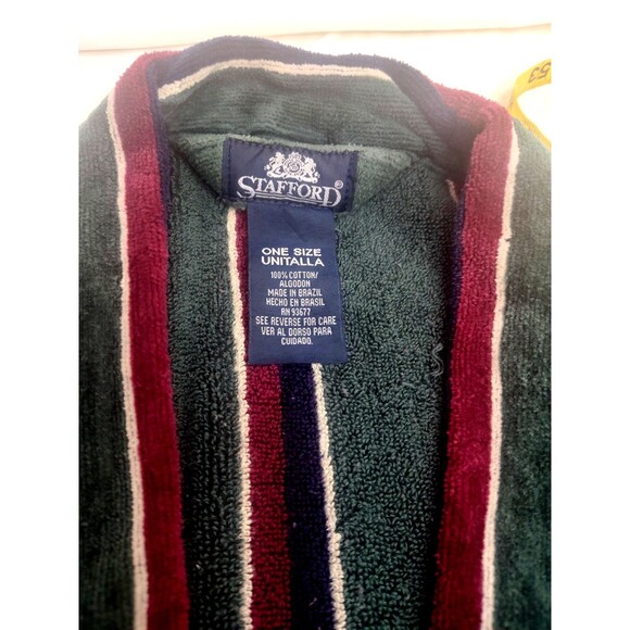 Vintage Stafford Bath Robe OS Mens Green Striped Thick Terry Cloth Belted Cotton - Picture 9 of 13